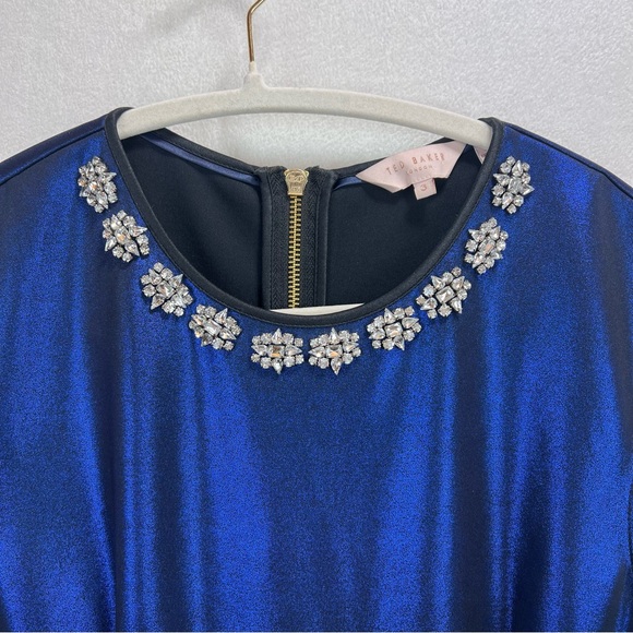 Ted Baker Metallic Blue Ayma Embellished Skater Dress Size 3 (Small) - Picture 6 of 13